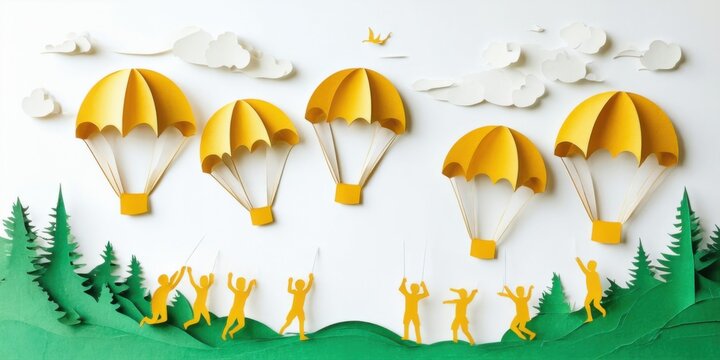 Papercraft scene depicts skydivers descending over green hills. Bright yellow parachutes contrast white clouds, joyful figures below.