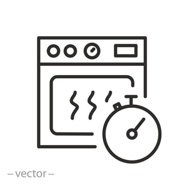oven and stopwatch icon, baking time, oven preheating timer, thin line symbol on white background - editable stroke vector illustration eps10