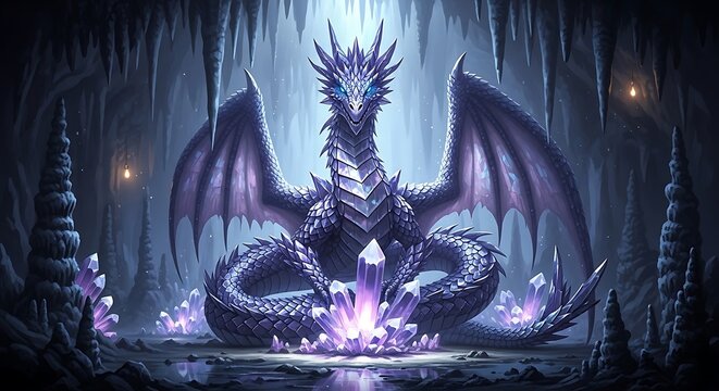 A large purple dragon sitting on crystals in a dark cave with icicles and glowing lights