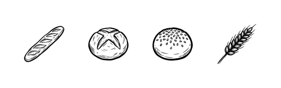 Bakery Products and Wheat Grains with Hand-Drawn Inky Brushwork and Organic Painterly Fluidity