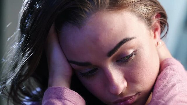 Thinking, sad and woman in home, face and grief with mental health, tired, and fatigue. Apartment, reflection and person with depression in lounge, brain fog and loss with memory, regret and concern