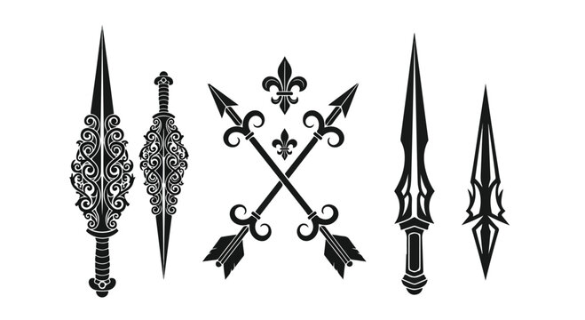 Set of four ornate black decorative spearhead and cross-shaped metal embellishments for design projects