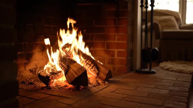 Cozy fireplace with burning logs creating a warm and inviting atmosphere