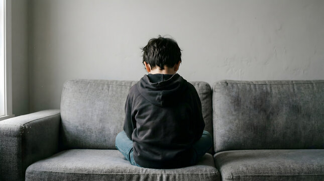 Boy sitting on couch facing wall