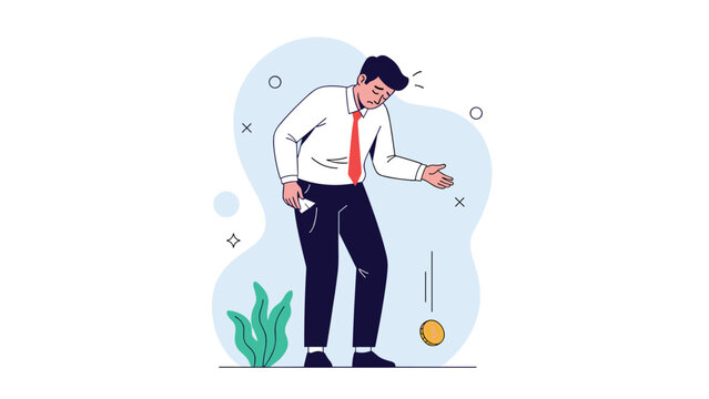 Sad businessman looking at his empty pocket while a single gold coin falls to the ground representing financial loss.