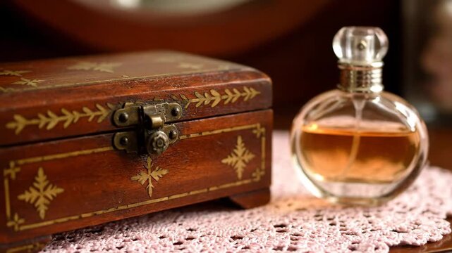 Elegant vintage wooden box and perfume bottle on a delicate doily