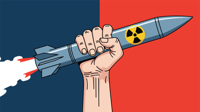 Powerful hand gripping a nuclear missile against a split blue and red background representing war and global conflict tensions.