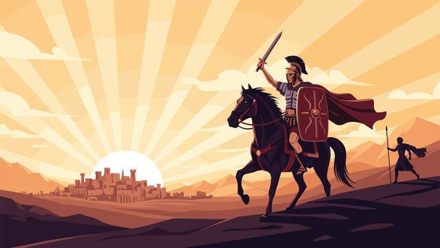 Courageous Roman general riding a black horse and raising his sword toward a sunlit ancient city in the desert at dawn.