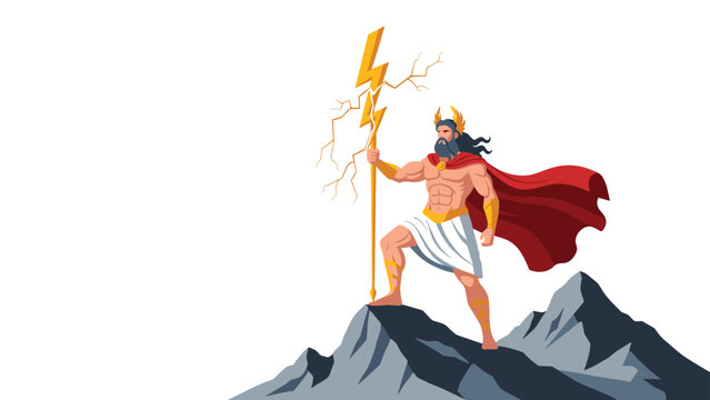 Powerful Greek god Zeus standing on a mountain peak holding a glowing lightning bolt with a red cape flowing in the wind.