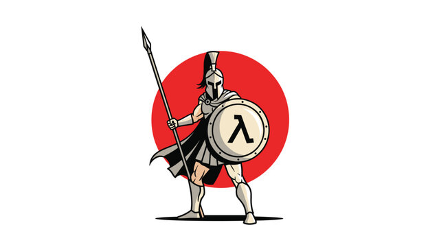 Brave Spartan warrior in silver armor holding a long spear and a round shield with the lambda symbol against a red sun.