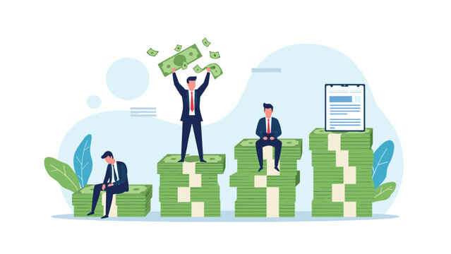 Successful businessmen standing on high stacks of money while a less successful man sits sadly on a smaller pile.