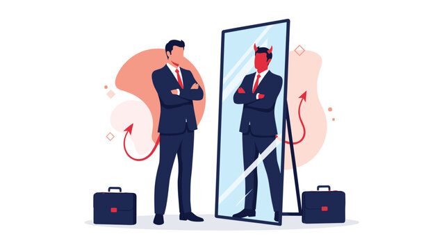 Business professional looking into a mirror and seeing a devil reflection with horns and a tail staring back at him.