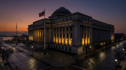Fototapeta premium Government building with American flag at dusk