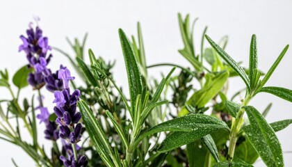 Fototapeta premium A close-up view of fresh lavender and rosemary herbs with water droplets.