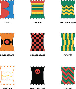 A colorful illustration of various snack bag designs on a white background