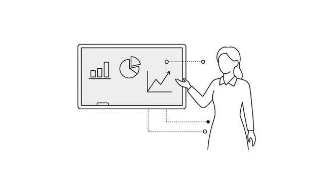 Businesswoman presenting data on a screen with graphs and charts in a minimalist line art style