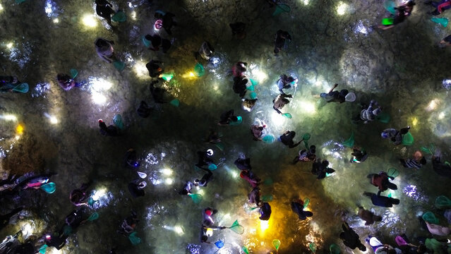 Aerial View of People catching sea worms with nets at Night the Bau Nyale Festival in Lombok, Indonesia.