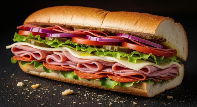 Delicious Italian sub sandwich with ham, salami, lettuce, tomato, and cheese on a crusty roll perfect for National Hoagie Day
