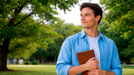 Fototapeta premium Young adult man holding a brown leather book in a park. Casual male student standing outdoors with a journal. 