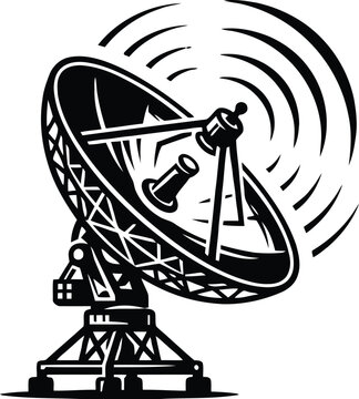 Vintage satellite dish receiving cosmic signals with radiating waves isolated on white background, Vector