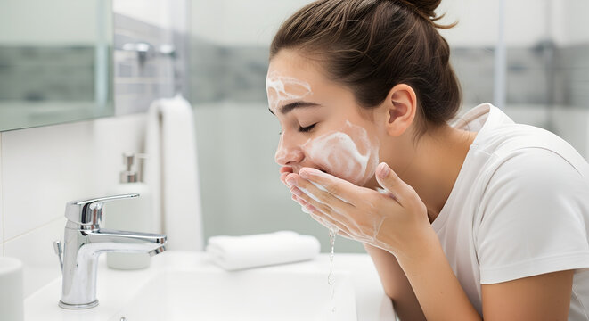 Teenage girl washing her face with cleanser in modern bathroom  