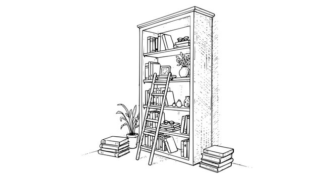 Cozy library bookshelf corner black and white sketch vector illustration with ladder and books