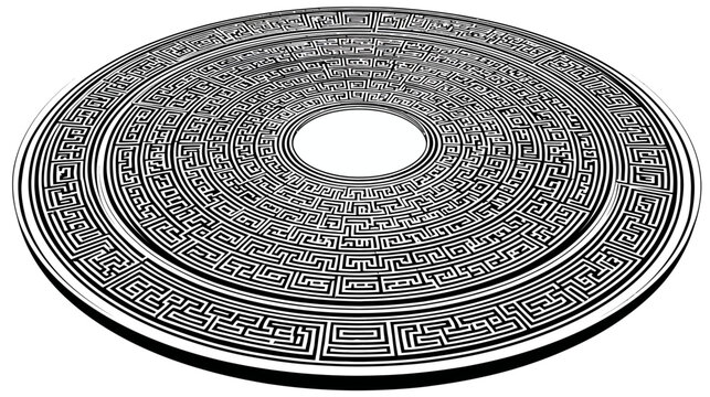 Circular maze with a central opening, featuring an intricate black and white pattern
