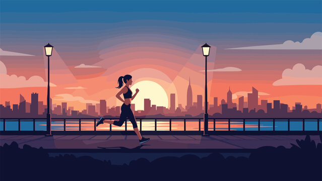 Active woman jogging along a waterfront path during a beautiful sunset with a detailed city skyline and river in the distance.