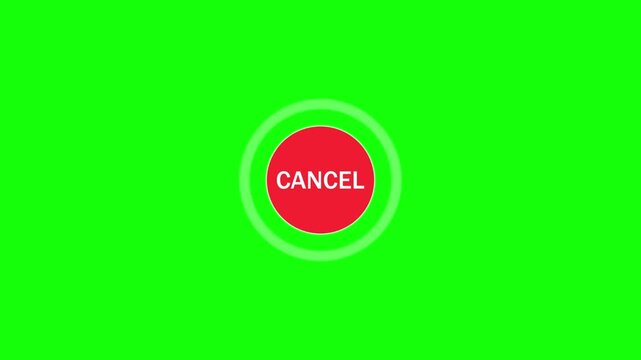 A red cancel button animation with white outline appears on a green screen for video footage