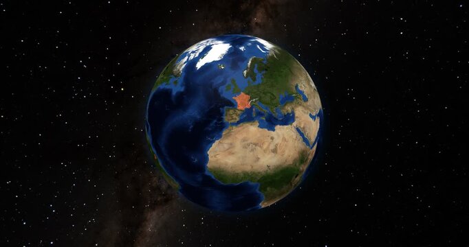France on the Globe. Zoom into the country with the Earth spinning in space. High detail physical world map with France on it. Country view animation. Elements of this image furnished by NASA.