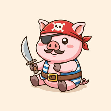 Cute pig mascot vector illustration sitting while dressed as a cheerful pirate, featuring a classic eye patch and the sword. 
