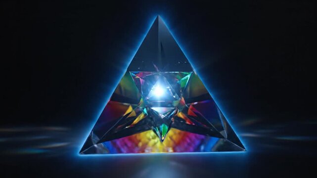 Transparent crystal pyramid against black background with colorful light