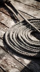 Obraz premium Slow ferry rope coiled on weathered wooden dock in coastal village sunlight creates rustic maritime atmosphere