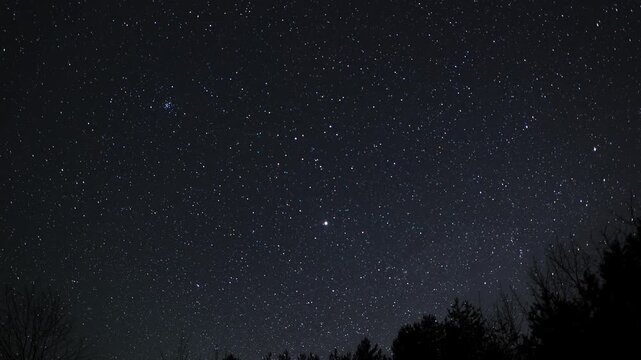 Starry night sky time lapse with visible cosmic motion, long exposure view of celestial sphere with rotating stars above dark landscape