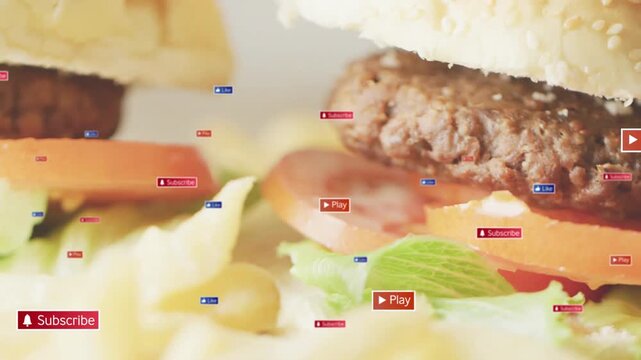 Camera pullback causing badges floating as patty, tomato, greens revealing fries, CTAs for clicks