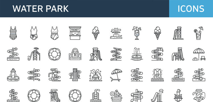 Water park line icon set with slides pool lifebuoy umbrella ticket fountain aquapark summer recreation outline vector collection