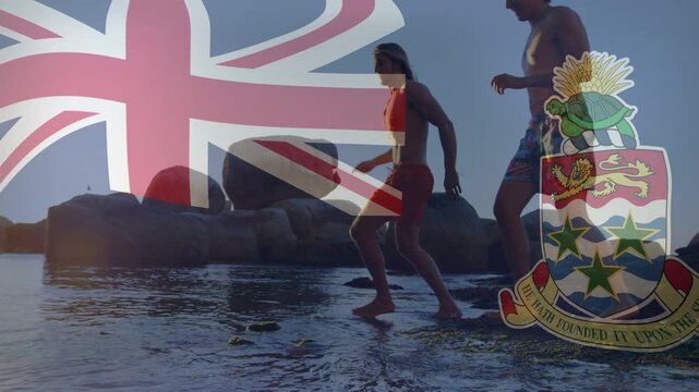 Woman leading stepping slow urging running, splashing for travel Union flag coat of arms overlaying