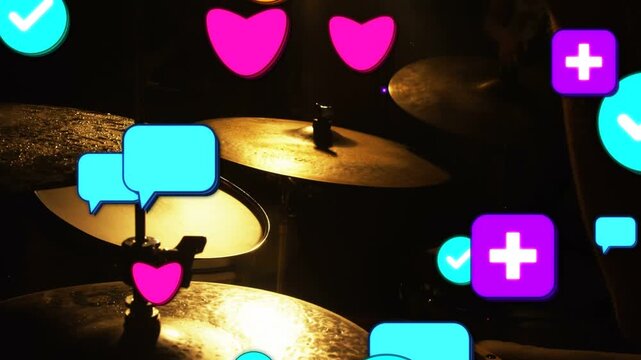 Cymbal glint sparking icons drifting and piling as drummer hands hitting drum to show social buzz
