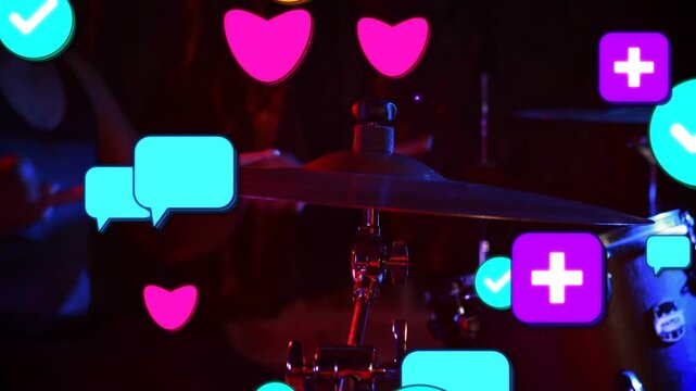 Drummer striking cymbal close spawning hearts play overlaying cymbal hands showing music engagement