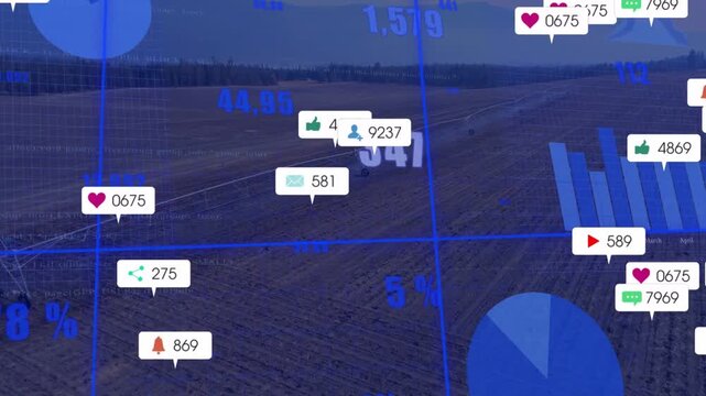 Plowed field with pivot getting sensor feed, showing blue grid, charts, icons tracking agriculture