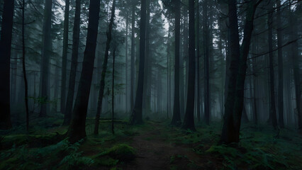 Fototapeta premium Deep Foggy Pine Forest with Soft Blue Tones and Low Visibility