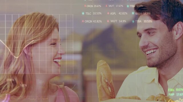 Two shoppers smiling while camera pulling back and grocery charts overlaying bags, showing rates