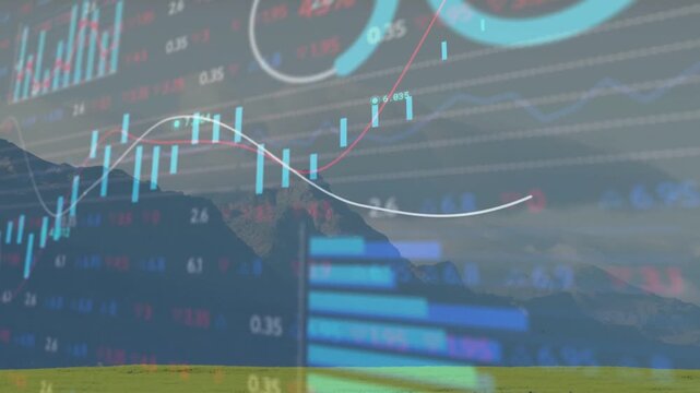 On load financial overlay appearing over mountain candlesticks moving lines crossing showing trends