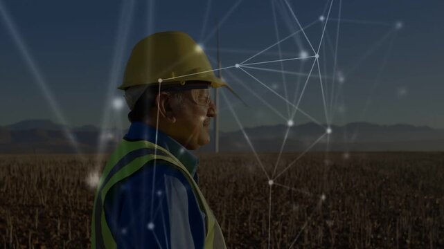 Scan starting, worker inspecting turbine, mesh forming, aligning head torso, linking crops turbine