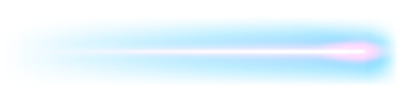 Laser beam on white background, moving light streak ray, glowing comet light flare.