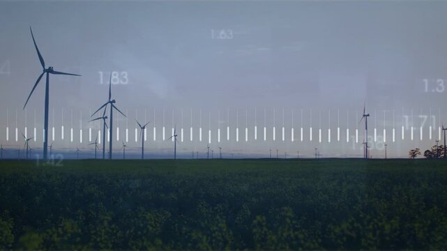Orange line rising over white bars, turbines rotating, numbers updating, showing power output