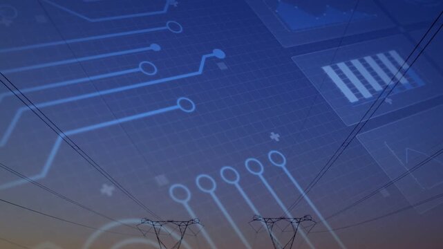 Blue overlay filling frame and pulsing, revealing sunset horizon, towers showing network links