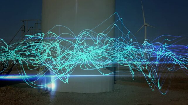 Animated cyan wave crossing frame sparking wind crew with lamp circling and inspecting turbine base