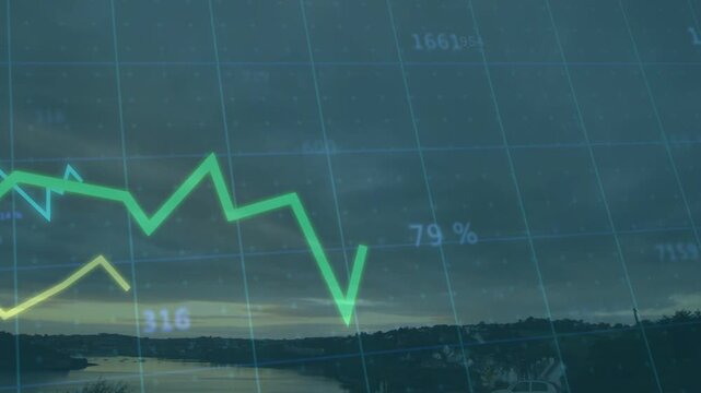 Sensor feed driving water grid in dusk bay monitoring, animating green line rising spiking falling