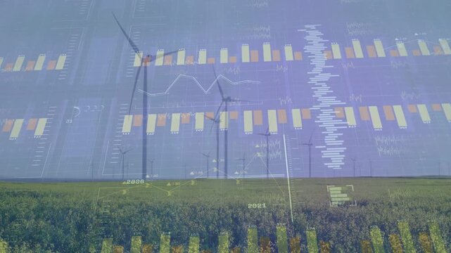 Wind turbines rotating while live feed driving bars, line tracing then fading, showing energy